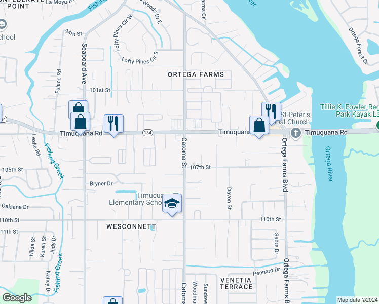 map of restaurants, bars, coffee shops, grocery stores, and more near 5605 Catoma Street in Jacksonville