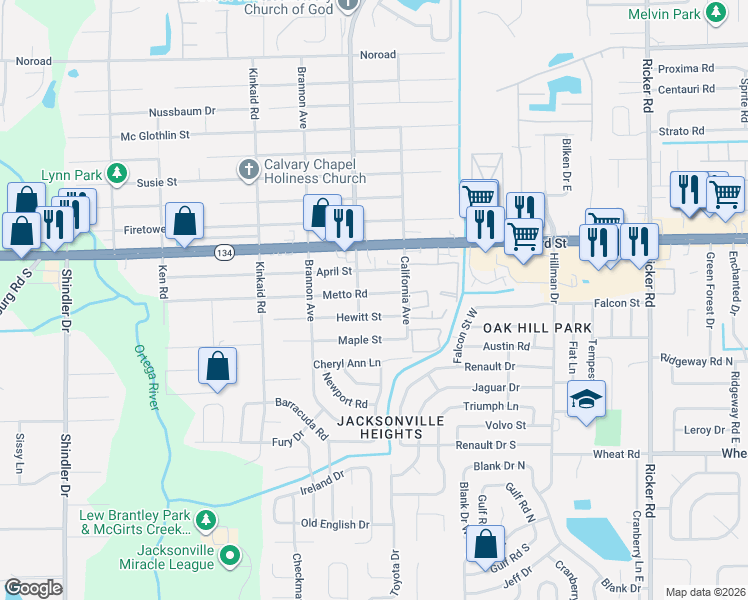 map of restaurants, bars, coffee shops, grocery stores, and more near 8124 Metto Road in Jacksonville