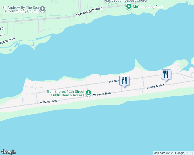 map of restaurants, bars, coffee shops, grocery stores, and more near 1276 West Lagoon Avenue in Gulf Shores