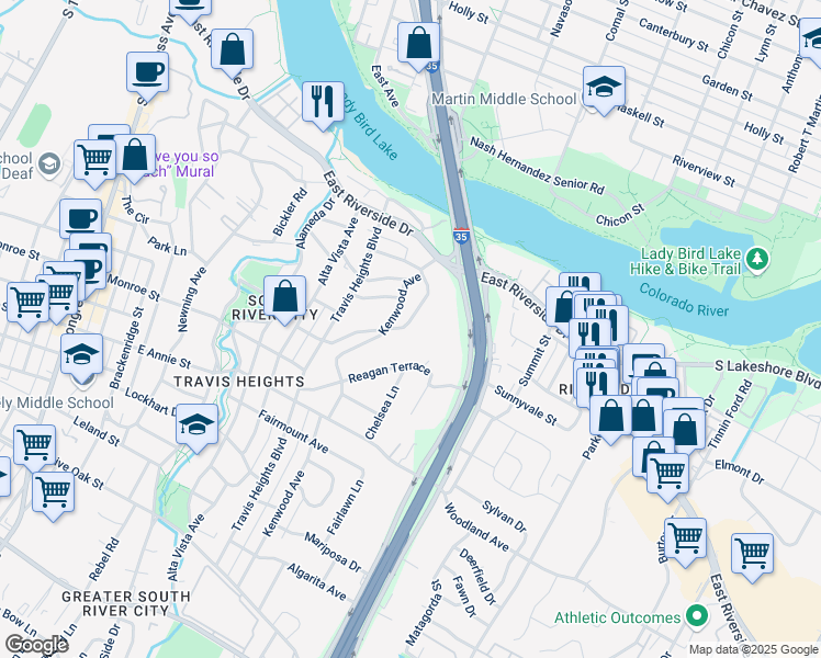 map of restaurants, bars, coffee shops, grocery stores, and more near 1124 South Interstate 35 Frontage Road in Austin
