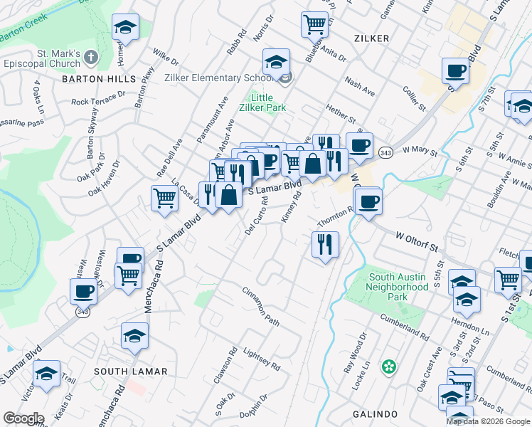 map of restaurants, bars, coffee shops, grocery stores, and more near 2211 Iva Lane in Austin