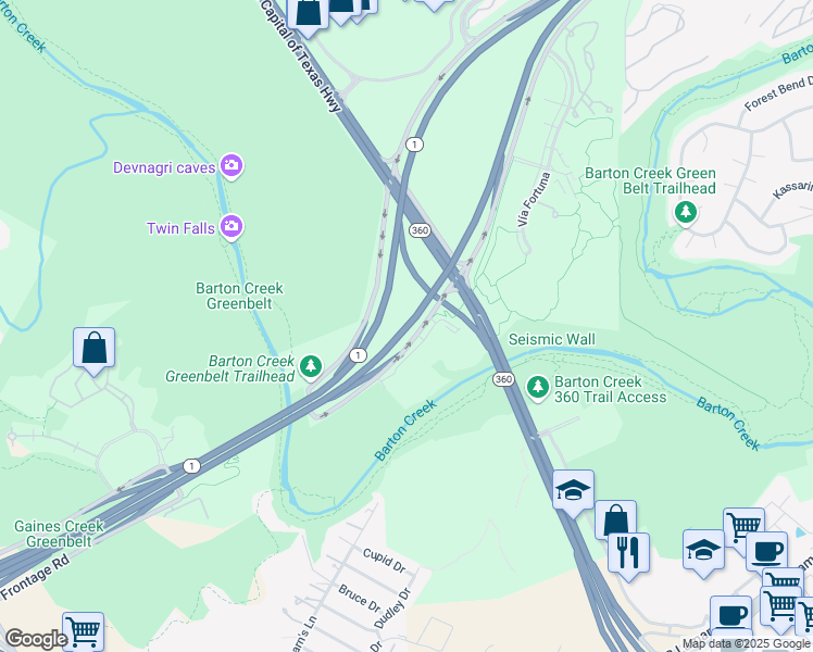 map of restaurants, bars, coffee shops, grocery stores, and more near 3301 Service Road in Austin