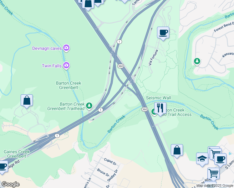map of restaurants, bars, coffee shops, grocery stores, and more near 3711 South Mo-Pac Expressway in Austin