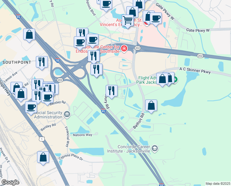 map of restaurants, bars, coffee shops, grocery stores, and more near 6898 A C Skinner Parkway in Jacksonville
