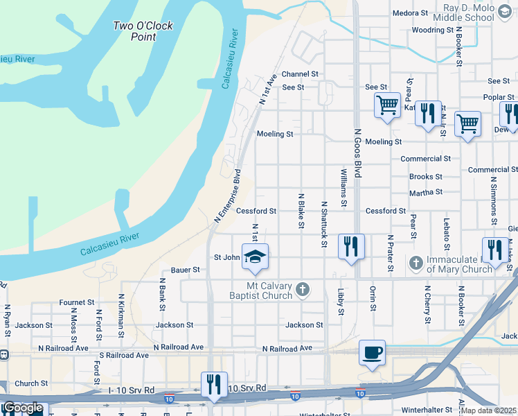 map of restaurants, bars, coffee shops, grocery stores, and more near 702 North 1st Avenue in Lake Charles