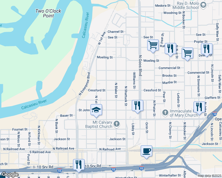 map of restaurants, bars, coffee shops, grocery stores, and more near 1523 Cessford Street in Lake Charles