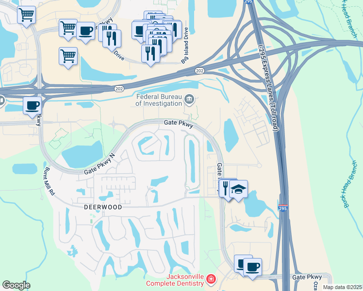 map of restaurants, bars, coffee shops, grocery stores, and more near 7484 Scarlet Ibis Lane in Jacksonville