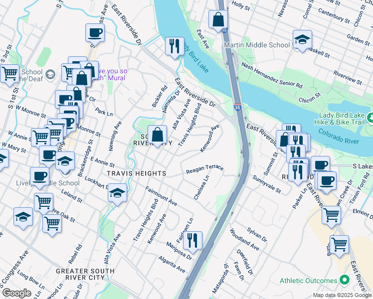 map of restaurants, bars, coffee shops, grocery stores, and more near 1014 Bonham Terrace in Austin