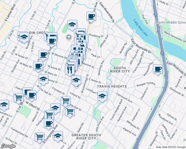 map of restaurants, bars, coffee shops, grocery stores, and more near 1701 Drake Avenue in Austin