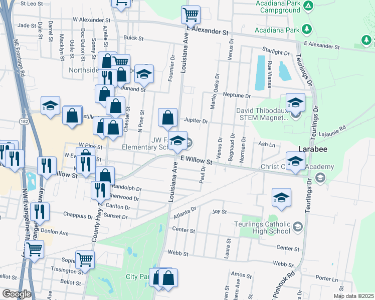 map of restaurants, bars, coffee shops, grocery stores, and more near 711 East Willow Street in Lafayette