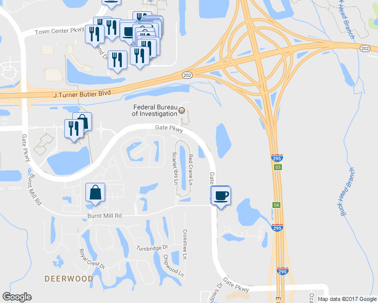 map of restaurants, bars, coffee shops, grocery stores, and more near 7490 Red Crane Lane in Jacksonville
