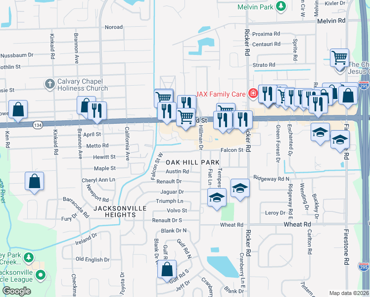 map of restaurants, bars, coffee shops, grocery stores, and more near 7855 Falcon Street in Jacksonville
