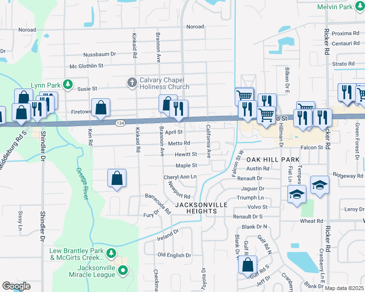 map of restaurants, bars, coffee shops, grocery stores, and more near 8206 Metto Road in Jacksonville