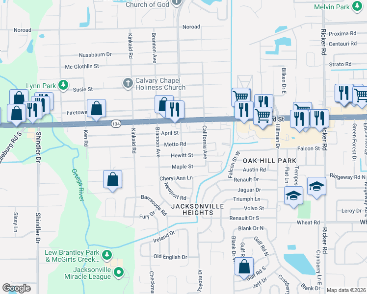 map of restaurants, bars, coffee shops, grocery stores, and more near 8206 Metto Road in Jacksonville