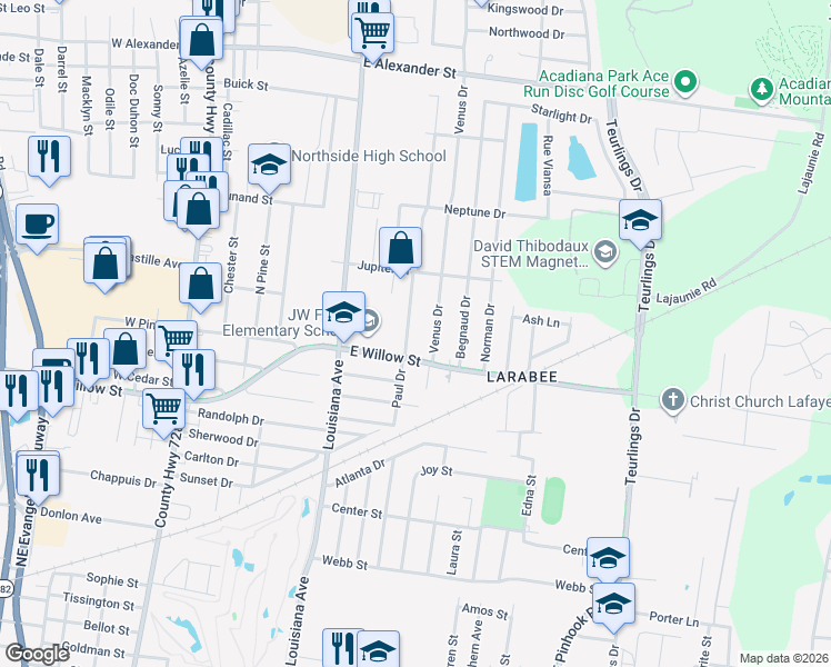 map of restaurants, bars, coffee shops, grocery stores, and more near 109 Martin Oaks Drive in Lafayette