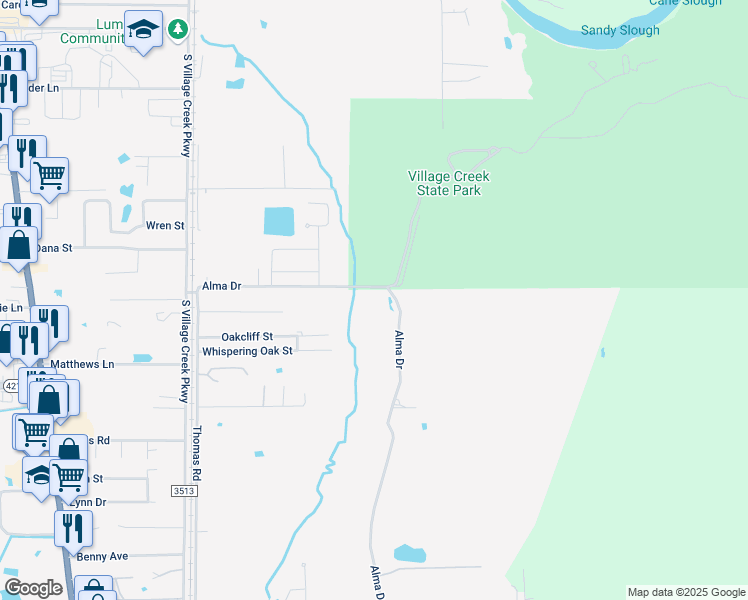 map of restaurants, bars, coffee shops, grocery stores, and more near 1102 Alma Drive in Lumberton