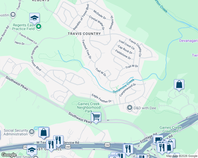 map of restaurants, bars, coffee shops, grocery stores, and more near 4604 View West in Austin