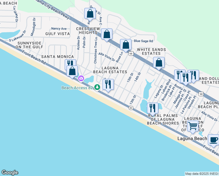 map of restaurants, bars, coffee shops, grocery stores, and more near 113 Wisteria Lane in Panama City Beach