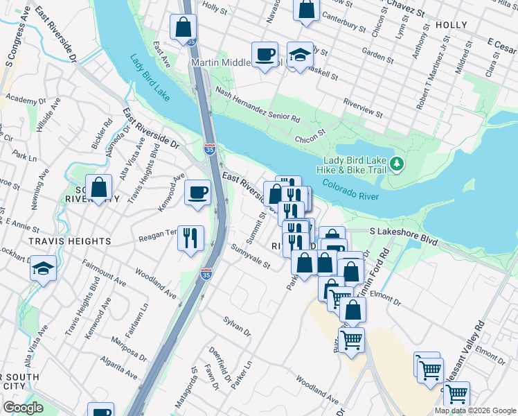 map of restaurants, bars, coffee shops, grocery stores, and more near 1100 Summit Street in Austin