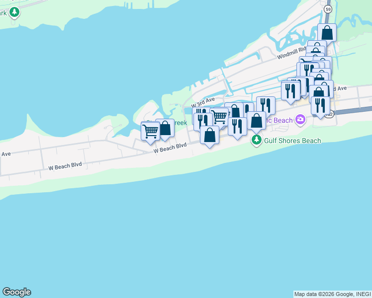 map of restaurants, bars, coffee shops, grocery stores, and more near 717 West Beach Boulevard in Gulf Shores