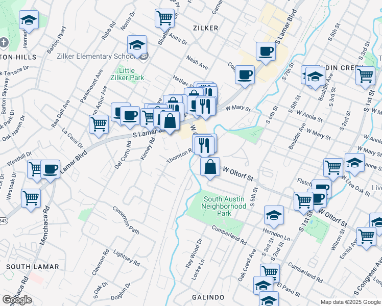 map of restaurants, bars, coffee shops, grocery stores, and more near 2107 Thornton Road in Austin