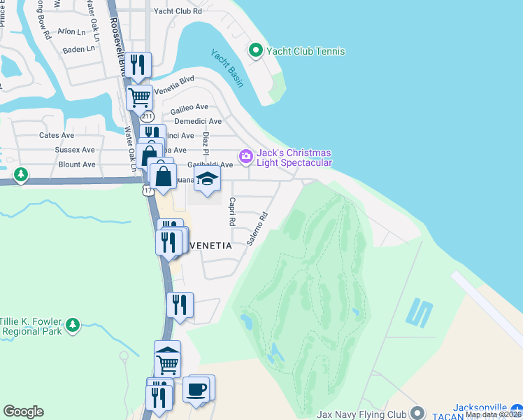 map of restaurants, bars, coffee shops, grocery stores, and more near 4126 Torino Place in Jacksonville