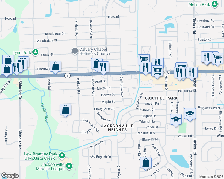 map of restaurants, bars, coffee shops, grocery stores, and more near 8124 Metto Road in Jacksonville