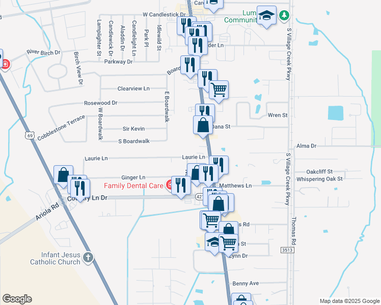 map of restaurants, bars, coffee shops, grocery stores, and more near 7744 Laurie Ln in Lumberton