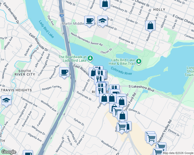 map of restaurants, bars, coffee shops, grocery stores, and more near 1620 East Riverside Drive in Austin