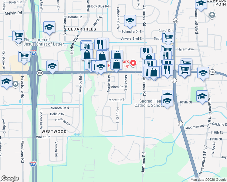 map of restaurants, bars, coffee shops, grocery stores, and more near 6607 Larne Avenue in Jacksonville