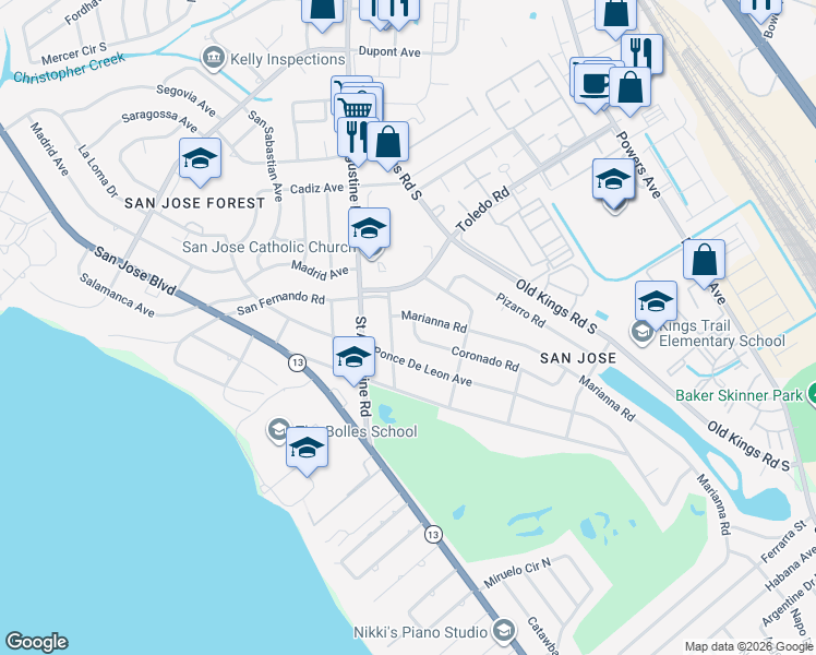 map of restaurants, bars, coffee shops, grocery stores, and more near 3612 Coronado Road in Jacksonville