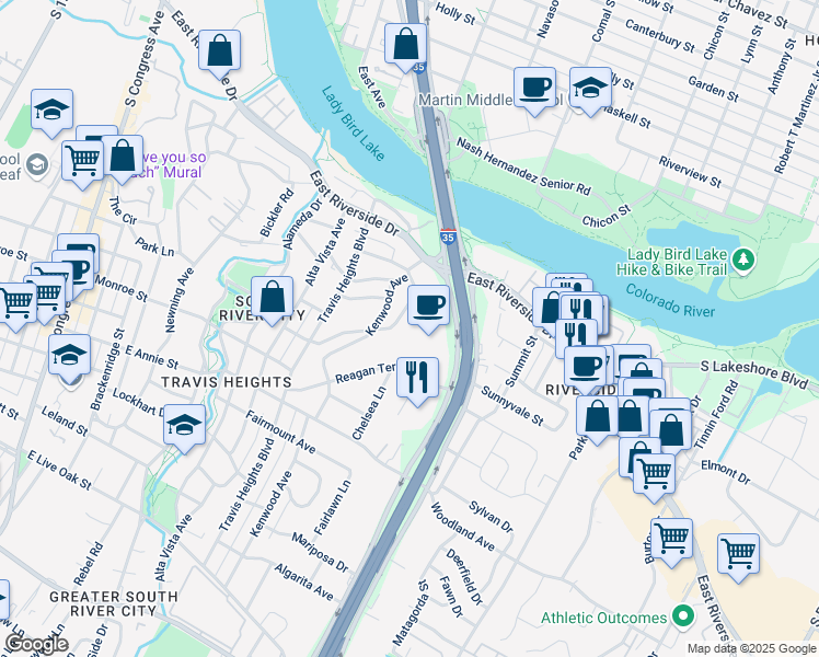 map of restaurants, bars, coffee shops, grocery stores, and more near 1327 Bonham Terrace in Austin