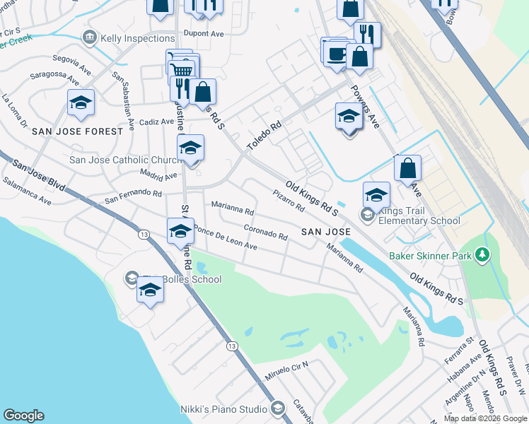 map of restaurants, bars, coffee shops, grocery stores, and more near 3713 Marianna Road in Jacksonville