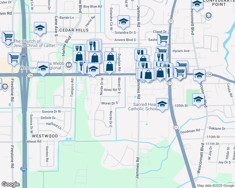 map of restaurants, bars, coffee shops, grocery stores, and more near 5556 Moret Drive East in Jacksonville