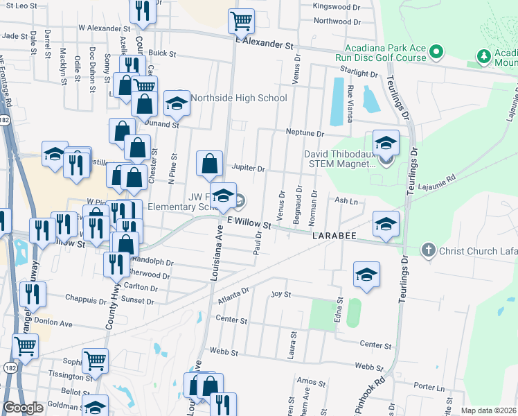 map of restaurants, bars, coffee shops, grocery stores, and more near 109 Martin Oaks Drive in Lafayette