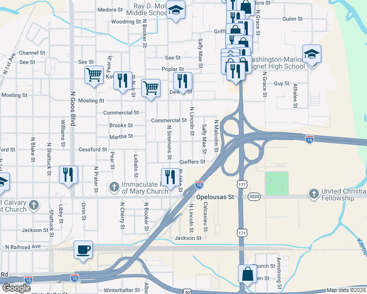 map of restaurants, bars, coffee shops, grocery stores, and more near 621 Jake St in Lake Charles