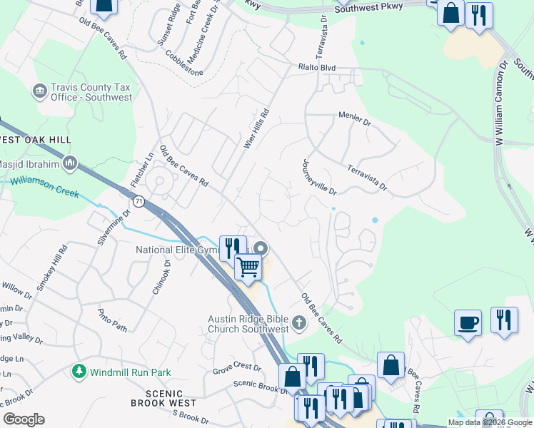 map of restaurants, bars, coffee shops, grocery stores, and more near 6204 Big Horn Circle in Austin