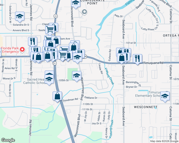map of restaurants, bars, coffee shops, grocery stores, and more near 5562 Lyle Lane in Jacksonville