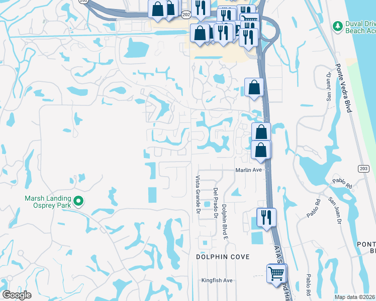 map of restaurants, bars, coffee shops, grocery stores, and more near 1004 Marsh Cove Court in Ponte Vedra Beach