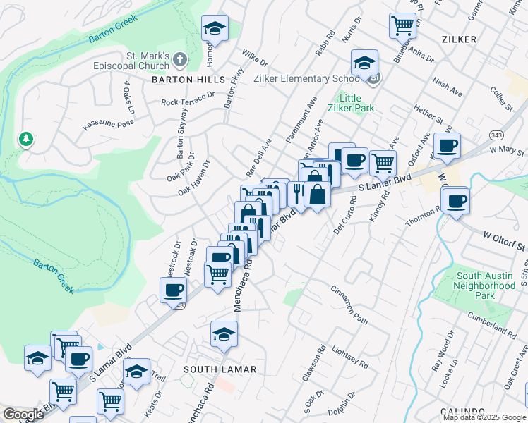 map of restaurants, bars, coffee shops, grocery stores, and more near 2200 Dickson Drive in Austin