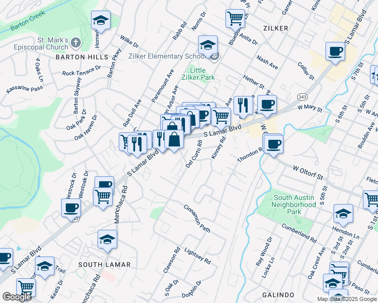 map of restaurants, bars, coffee shops, grocery stores, and more near 2505 Bluebonnet Lane in Austin