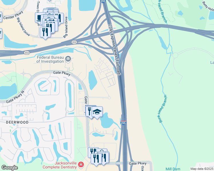 map of restaurants, bars, coffee shops, grocery stores, and more near 7385 Park Village Drive in Jacksonville