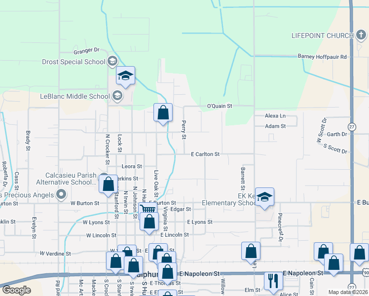 map of restaurants, bars, coffee shops, grocery stores, and more near 522 E Carlton St in Sulphur