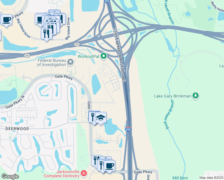 map of restaurants, bars, coffee shops, grocery stores, and more near 7385 Park Village Drive in Jacksonville