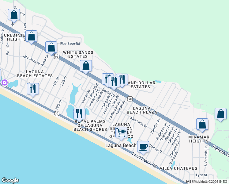 map of restaurants, bars, coffee shops, grocery stores, and more near 19717 Panama City Beach Parkway in Panama City Beach