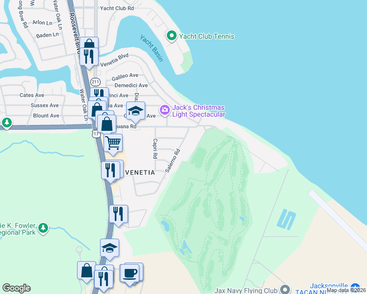 map of restaurants, bars, coffee shops, grocery stores, and more near 5553 Salerno Road in Jacksonville