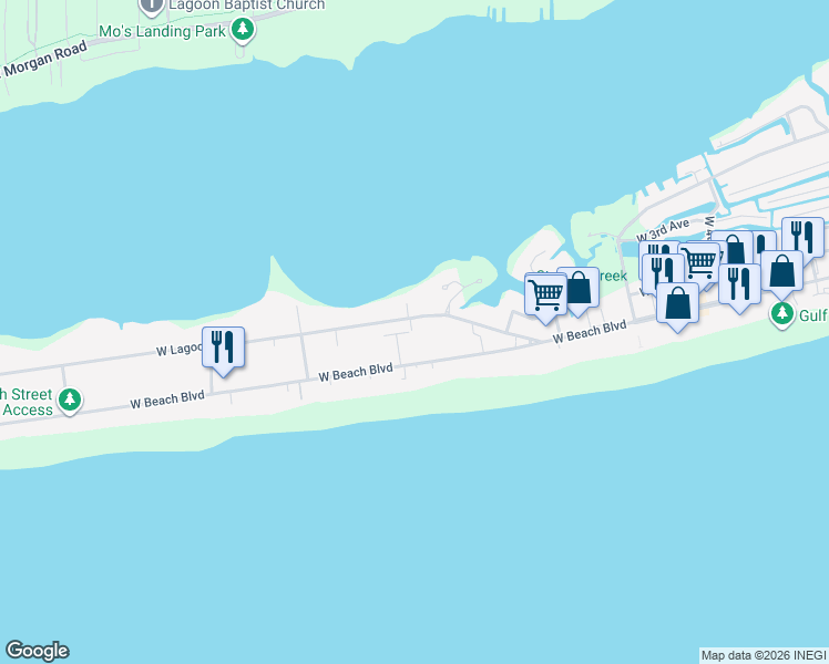 map of restaurants, bars, coffee shops, grocery stores, and more near 116 West 9th Street in Gulf Shores
