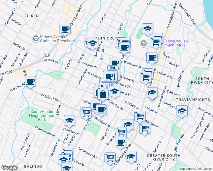 map of restaurants, bars, coffee shops, grocery stores, and more near 612a West Johanna Street in Austin