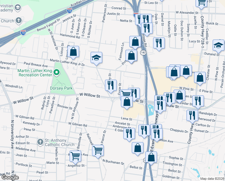 map of restaurants, bars, coffee shops, grocery stores, and more near 109 Essie Street in Lafayette