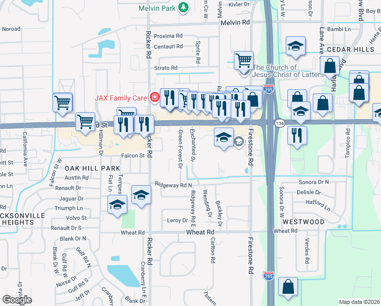 map of restaurants, bars, coffee shops, grocery stores, and more near 5562 Enchanted Drive in Jacksonville